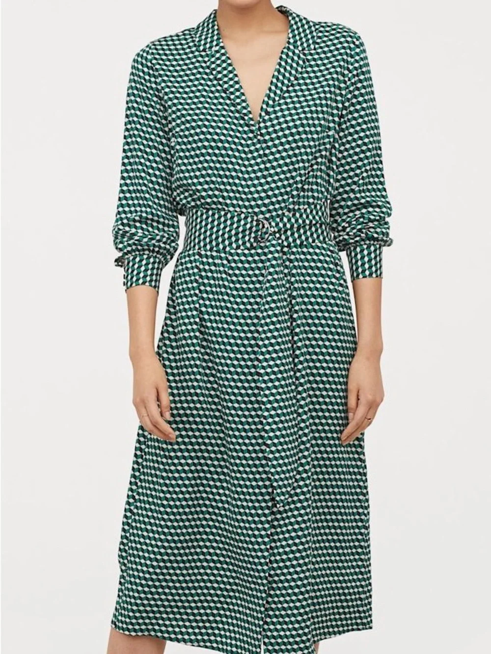 H&M| Optical 3D Geometric Green Black & White Midi v-Neck Long Sleeve Dress Sz 6 - Picture 1 of 7